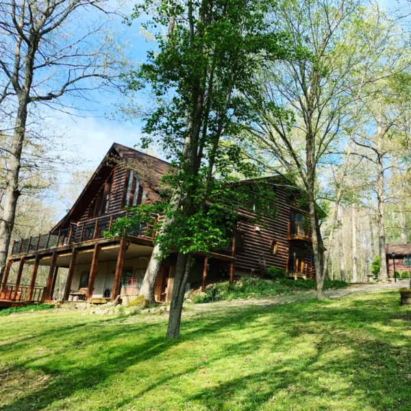 A large wooden house in the middle of a forest.